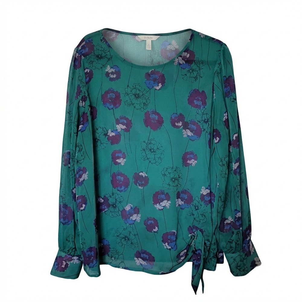 Jaclyn Smith Romantic XL Green Long Sleeve Sheer Side Tie Garden Floral Blouse